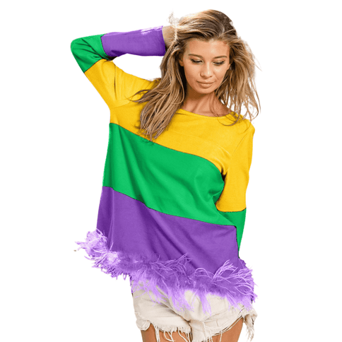 Mardi Gras Color Block Faux Feather Hem Top - Mardi Gras Apparel - Adult, Bibi, Bibi Top Chart - Sequin Tops