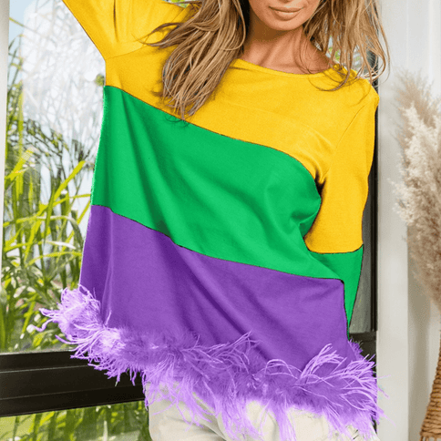 Mardi Gras Color Block Faux Feather Hem Top - Mardi Gras Apparel - Adult, Bibi, Bibi Top Chart - Sequin Tops