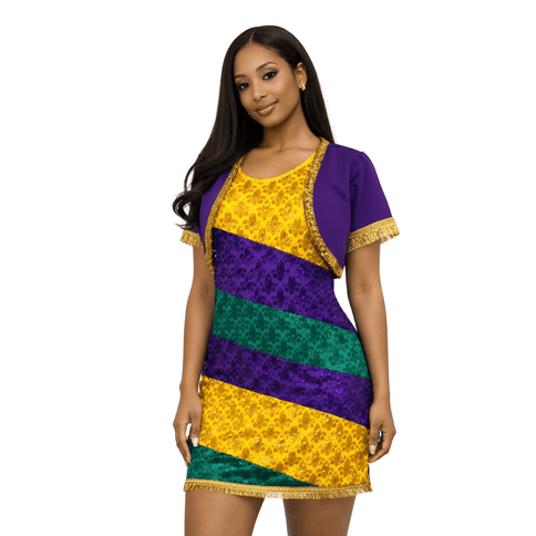 Mardi Gras Color Block Fleur De Lis Mini Dress with Fringe Trim - Mardi Gras Apparel - Adult, Dress, Green - Dress