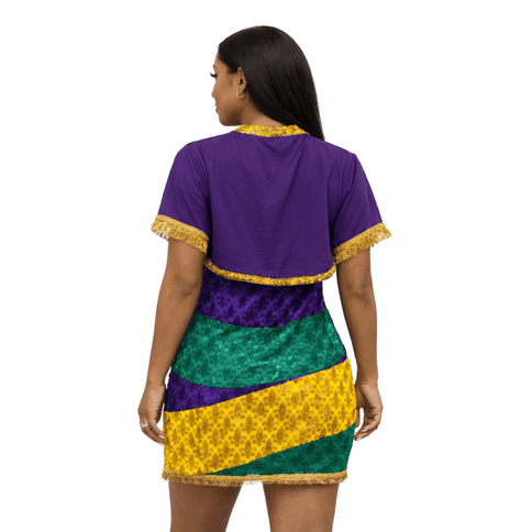 Mardi Gras Color Block Fleur De Lis Mini Dress with Fringe Trim - Mardi Gras Apparel - Adult, Dress, Green - Dress