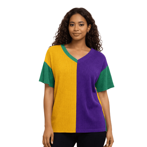 Mardi Gras Color Block Knit T-Shirt - Mardi Gras Apparel - Adult, curved bottom, Green - Tee - Shirt