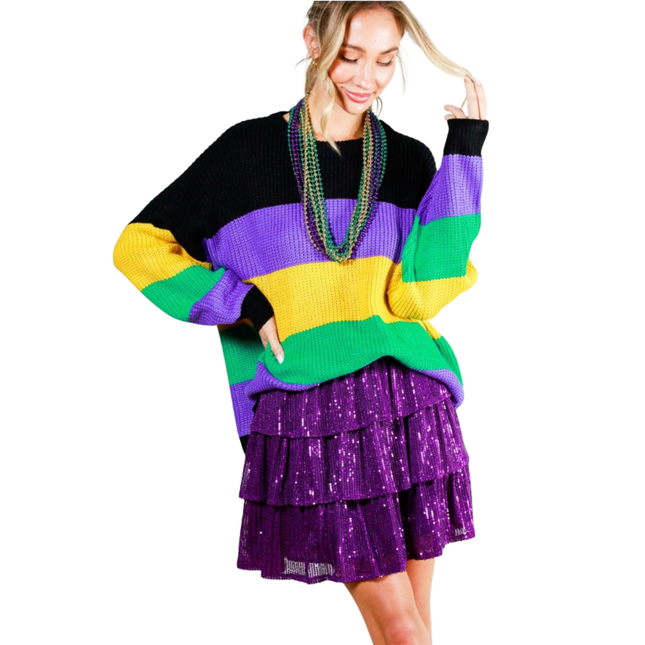 Mardi Gras Color Block Knitted Sweater Top - Mardi Gras Apparel - Adult, apparel discount tier, Bibi - Sweaters