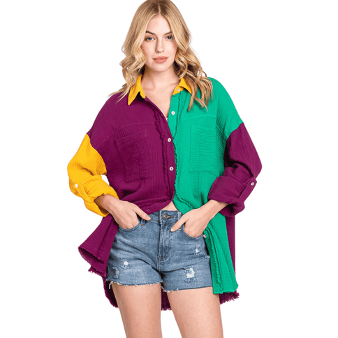 Mardi Gras Color Block Long Sleeve Shirt - Mardi Gras Apparel - Adult, Ladies, Short Sleeve - Sweatshirt