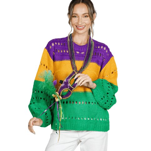 Mardi Gras Color Block Open - Knit Sweater - Mardi Gras Apparel - Adult, Ladies, Short Sleeve - Sweaters