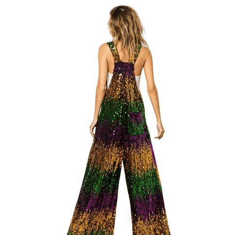 Mardi Gras Color Block Overalls - Mardi Gras Apparel - Adult, Gold, Green - Sequin