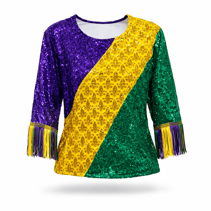 Mardi Gras Color Block Sequin Fringe T-Shirt - Mardi Gras Apparel - Adult, Block Letters, Front Design - Sequin Tops