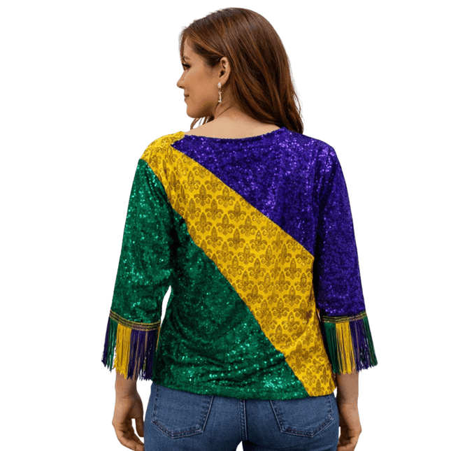 Mardi Gras Color Block Sequin Fringe T-Shirt - Mardi Gras Apparel - Adult, Block Letters, Front Design - Sequin Tops