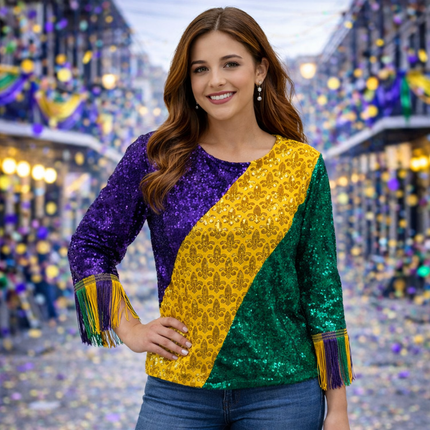 Mardi Gras Color Block Sequin Fringe T-Shirt - Mardi Gras Apparel - Adult, Block Letters, Front Design - Sequin Tops