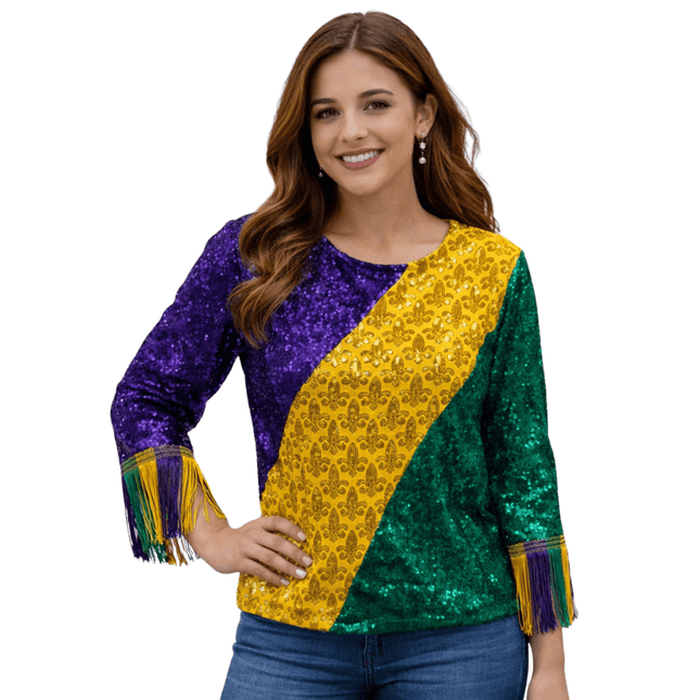 Mardi Gras Color Block Sequin Fringe T-Shirt - Mardi Gras Apparel - Adult, Block Letters, Front Design - Sequin Tops