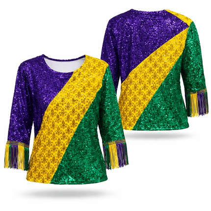 Mardi Gras Color Block Sequin Fringe T-Shirt - Mardi Gras Apparel - Adult, Block Letters, Front Design - Sequin Tops