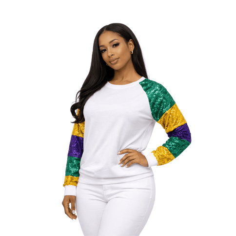 Mardi Gras Color Block Sequin Sleeve Long Sleeve T-Shirt - Mardi Gras Apparel - Adult, curved bottom, Green - Tee - Shirt