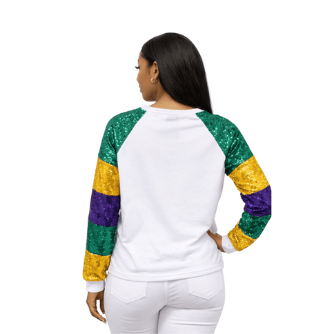 Mardi Gras Color Block Sequin Sleeve Long Sleeve T-Shirt - Mardi Gras Apparel - Adult, curved bottom, Green - Tee - Shirt