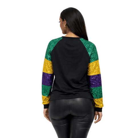 Mardi Gras Color Block Sequin Sleeve Long Sleeve T-Shirt - Mardi Gras Apparel - Adult, curved bottom, Green - Tee - Shirt