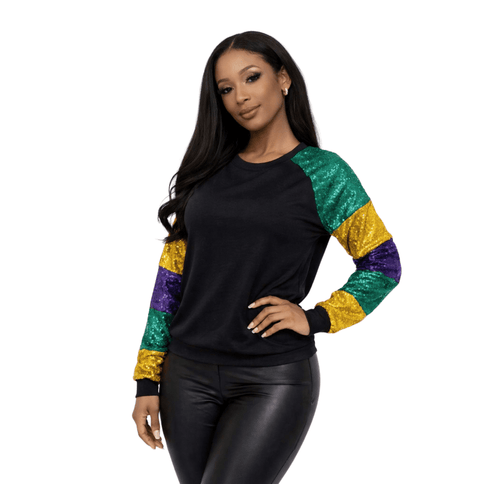 Mardi Gras Color Block Sequin Sleeve Long Sleeve T-Shirt - Mardi Gras Apparel - Adult, curved bottom, Green - Tee - Shirt