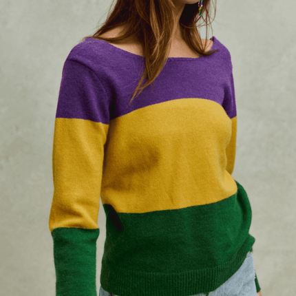 Mardi Gras Color Block Sweater Top - Mardi Gras Apparel - Adult, Bibi, Bibi Top Chart - Sweaters