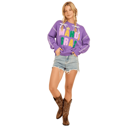 Mardi Gras Color Block Sweater - Mardi Gras Apparel - Adult, Green, Ladies - Sweaters