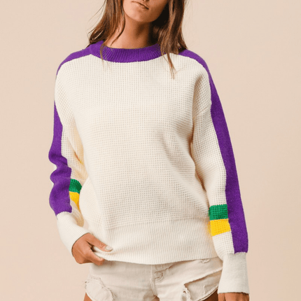 Mardi Gras Color Block Sweater - Mardi Gras Apparel - Adult, Bibi, Bibi Top Chart - Sweaters