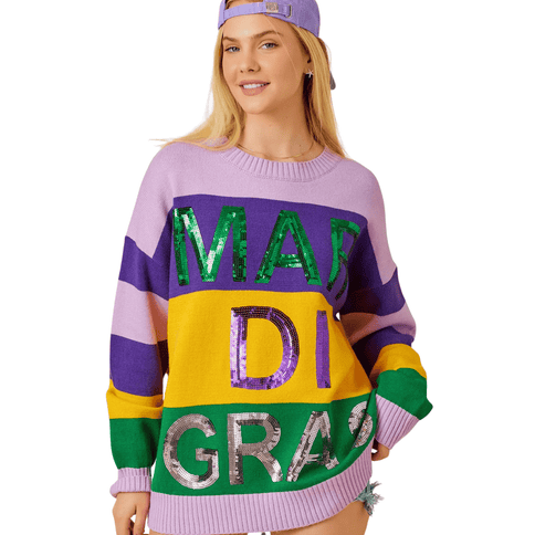 Mardi Gras Color Block Sweater - Mardi Gras Apparel - Adult, Gold, Green - Sequin