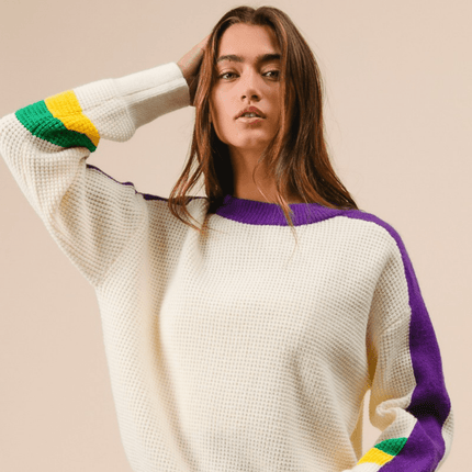 Mardi Gras Color Block Sweater - Mardi Gras Apparel - Adult, Bibi, Bibi Top Chart - Sweaters
