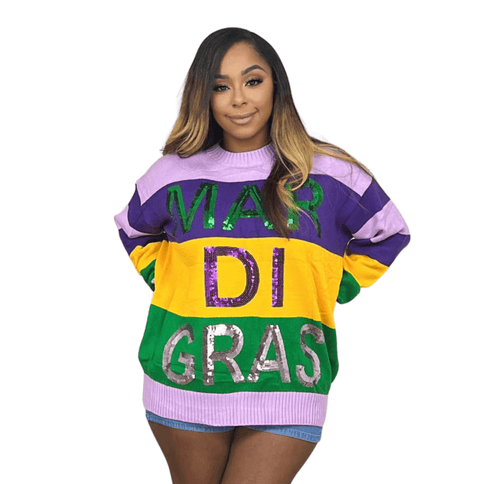 Mardi Gras Color Block Sweater - Mardi Gras Apparel - Adult, Gold, Green - Sequin