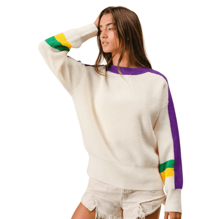 Mardi Gras Color Block Sweater - Mardi Gras Apparel - Adult, Bibi, Bibi Top Chart - Sweaters