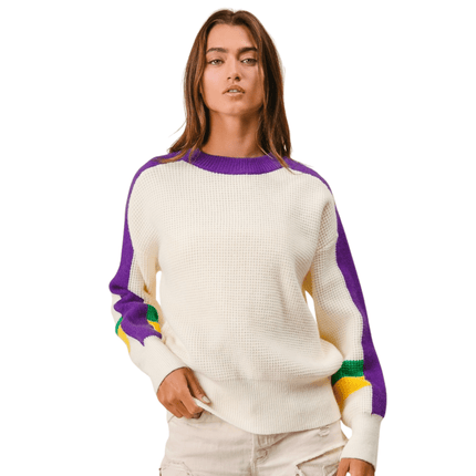 Mardi Gras Color Block Sweater - Mardi Gras Apparel - Adult, Bibi, Bibi Top Chart - Sweaters