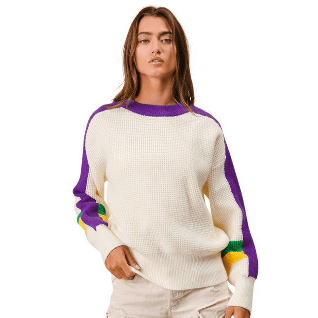 Mardi Gras Color Block Sweater - Mardi Gras Apparel - Adult, Bibi, Bibi Top Chart - Sweaters