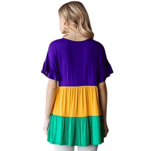 Mardi Gras Color Block Tiered Top - Mardi Gras Apparel - Adult, Ladies, Short Sleeve - Tops