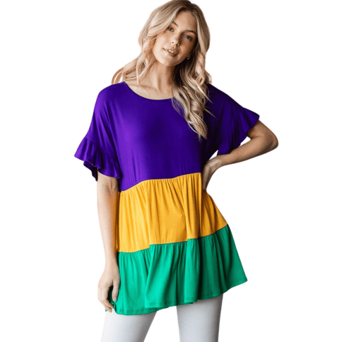 Mardi Gras Color Block Tiered Top - Mardi Gras Apparel - Adult, Ladies, Short Sleeve - Tops