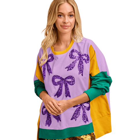 Mardi Gras Color Block Top with Purple Sequin Bows – Lavender - Mardi Gras Apparel - Adult, Bibi, Bibi Top Chart - Sweaters