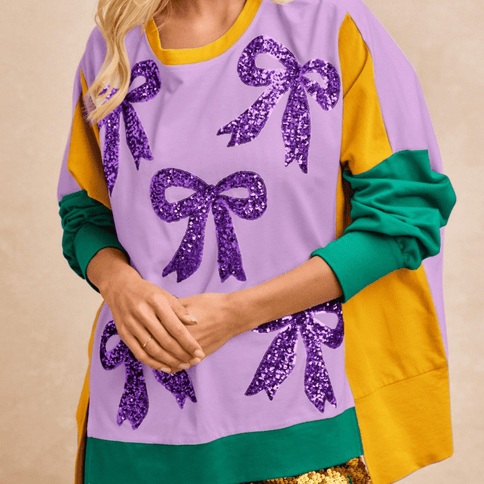 Mardi Gras Color Block Top with Purple Sequin Bows – Lavender - Mardi Gras Apparel - Adult, Bibi, Bibi Top Chart - Sweaters
