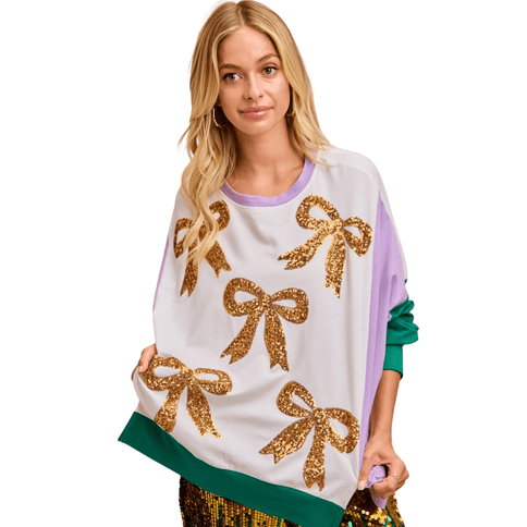 Mardi Gras Color Block Top with Sequin Bow – Ivory - Mardi Gras Apparel - Adult, Bibi, Bibi Top Chart - Sweaters