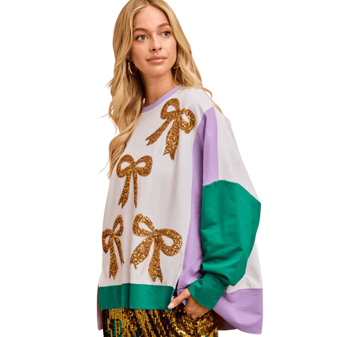 Mardi Gras Color Block Top with Sequin Bow – Ivory - Mardi Gras Apparel - Adult, Bibi, Bibi Top Chart - Sweaters