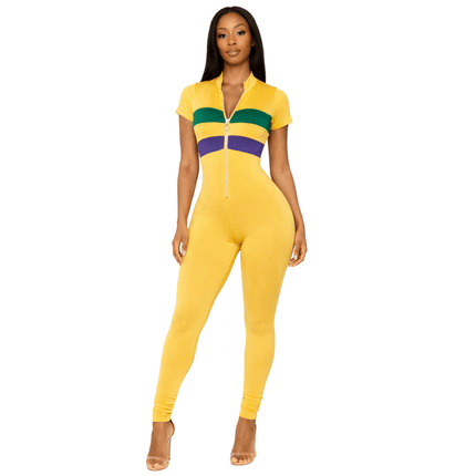 Mardi Gras Color - Block Zip - Front Jumpsuit Gold - Mardi Gras Apparel - Adult, Gold, Green - Jumpsuit