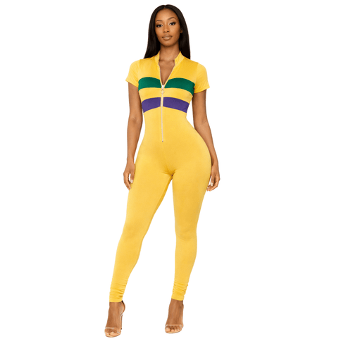 Mardi Gras Color - Block Zip - Front Jumpsuit Gold - Mardi Gras Apparel - Adult, Gold, Green - Jumpsuit