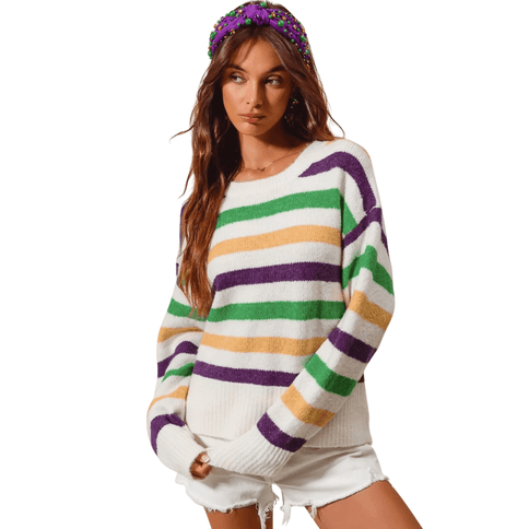 Mardi Gras Color Stripe Round - Neck Sweater Ivory Top - Mardi Gras Apparel - Adult, Bibi, Bibi Top Chart - Sweater