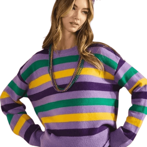 Mardi Gras Color Stripe Round - Neck Sweater Lavender Top - Mardi Gras Apparel - Adult, Bibi, Bibi Top Chart - Sweater