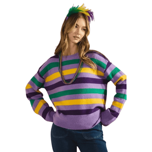 Mardi Gras Color Stripe Round - Neck Sweater Lavender Top - Mardi Gras Apparel - Adult, Bibi, Bibi Top Chart - Sweater