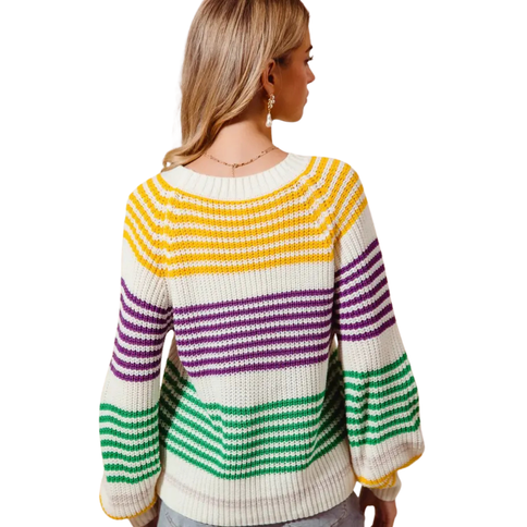 Mardi Gras Color Striped Raglan Sweater Top - Mardi Gras Apparel - Adult, Ladies, Mardi Gras - Sweater