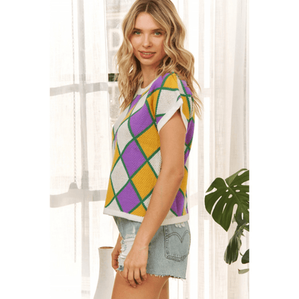 Mardi Gras Colorful Diamond Checker Knit Sweater Top - Mardi Gras Apparel - Adult, apparel discount tier, Ladies - Tops