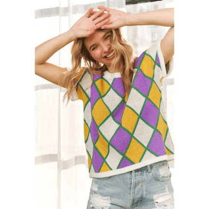 Mardi Gras Colorful Diamond Checker Knit Sweater Top - Mardi Gras Apparel - Adult, apparel discount tier, Ladies - Tops