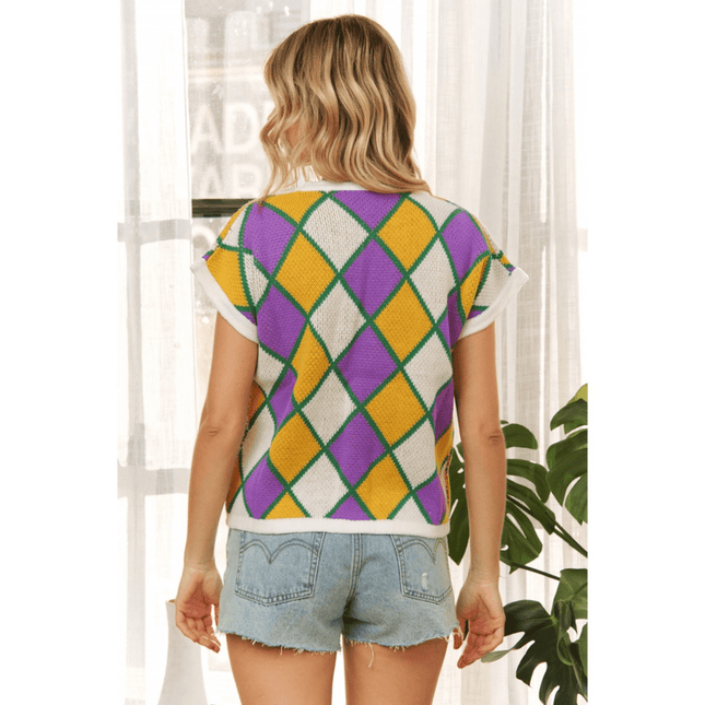 Mardi Gras Colorful Diamond Checker Knit Sweater Top - Mardi Gras Apparel - Adult, apparel discount tier, Ladies - Tops