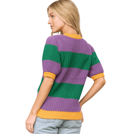 Mardi Gras Colorful Stripe Short Sleeve Pullover Sweater Top - Mardi Gras Apparel - Adult, apparel discount tier, Fat Savings 50% Off - Sweater