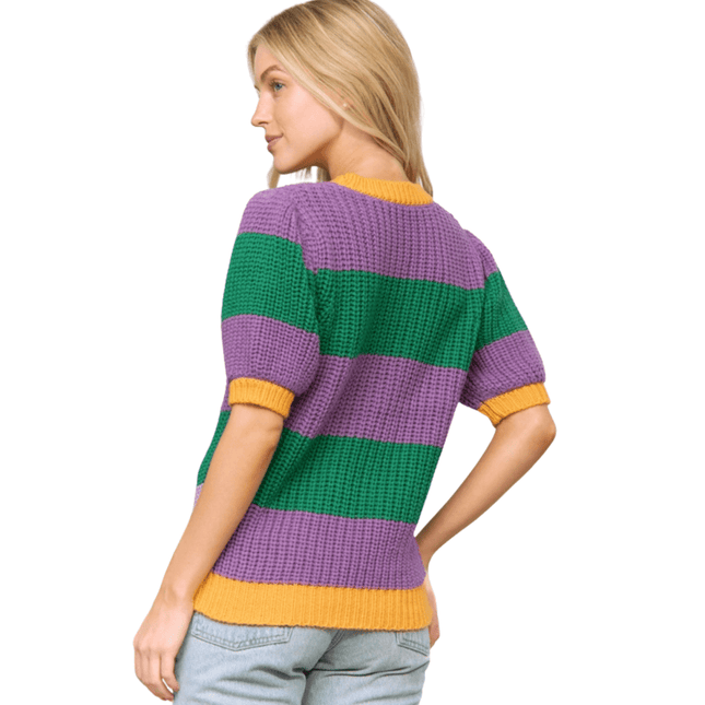 Mardi Gras Colorful Stripe Short Sleeve Pullover Sweater Top - Mardi Gras Apparel - Adult, apparel discount tier, Fat Savings 50% Off - Sweater