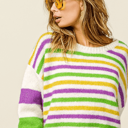 Mardi Gras Colors Stripe Comfy Sweater Ivory Multi Knit - Mardi Gras Apparel - Adult, Bibi, Bibi Top Chart - Sweaters