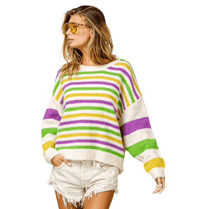 Mardi Gras Colors Stripe Comfy Sweater Ivory Multi Knit - Mardi Gras Apparel - Adult, Bibi, Bibi Top Chart - Sweaters