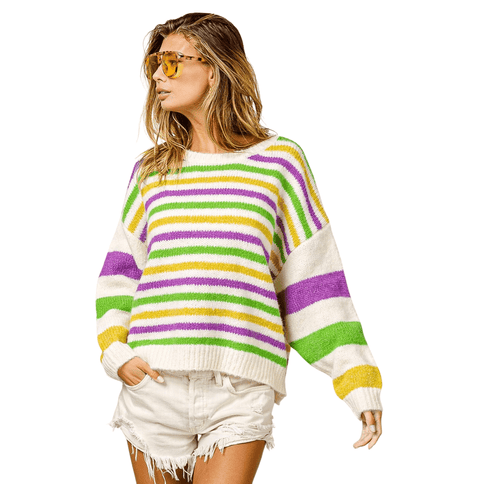 Mardi Gras Colors Stripe Comfy Sweater Ivory Multi Knit - Mardi Gras Apparel - Adult, Bibi, Bibi Top Chart - Sweaters