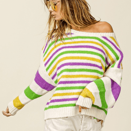 Mardi Gras Colors Stripe Comfy Sweater Ivory Multi Knit - Mardi Gras Apparel - Adult, Bibi, Bibi Top Chart - Sweaters