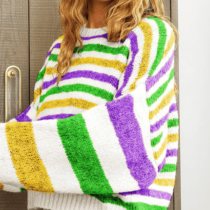 Mardi Gras Colors Stripe Comfy Sweater Ivory Multi Knit - Mardi Gras Apparel - Adult, Bibi, Bibi Top Chart - Sweaters