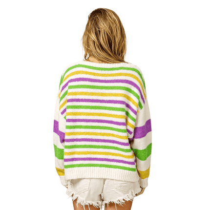 Mardi Gras Colors Stripe Comfy Sweater Ivory Multi Knit - Mardi Gras Apparel - Adult, Bibi, Bibi Top Chart - Sweaters